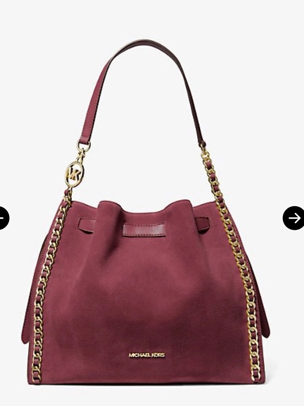 Michael Kors Wine Suede Shoulder Tote with Gold Chain Trim